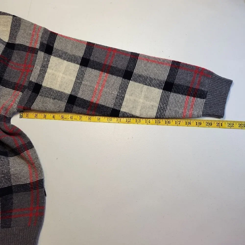 Nautica Vintage Wool V-Neck Navy Gray Red Windowpane Plaid Sweater Men's Large